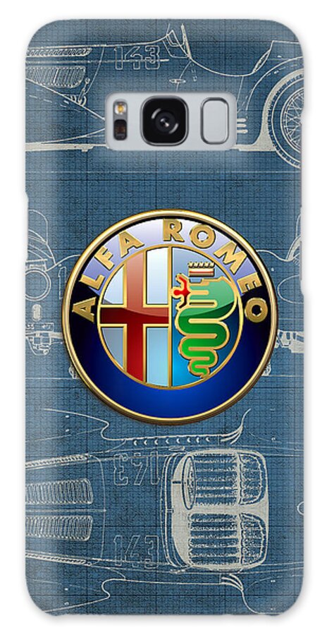 �wheels Of Fortune� By Serge Averbukh Galaxy Case featuring the photograph Alfa Romeo 3 D Badge over 1938 Alfa Romeo 8 C 2900 B Vintage Blueprint by Serge Averbukh