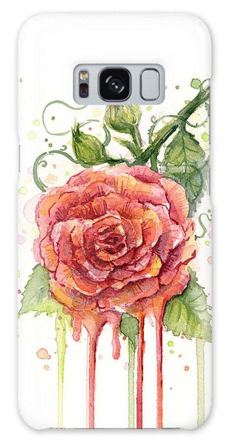 Rose Galaxy Case featuring the painting Red Rose Dripping Watercolor by Olga Shvartsur