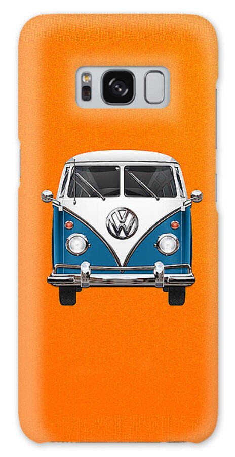 'volkswagen Type 2' Collection By Serge Averbukh Galaxy Case featuring the photograph Volkswagen Type 2 - Blue and White Volkswagen T 1 Samba Bus over Orange Canvas by Serge Averbukh