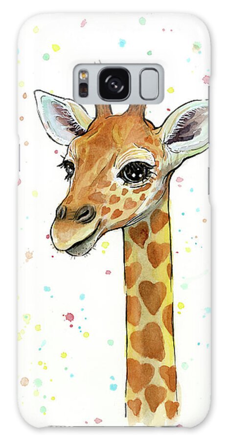 Watercolor Giraffe Galaxy Case featuring the painting Baby Giraffe Watercolor with Heart Shaped Spots by Olga Shvartsur
