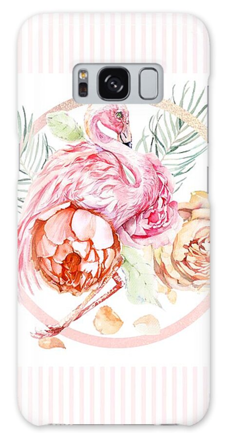 Flamingo Galaxy Case featuring the painting Shimmering Rose Gold Flamingo With Flowers And Palm Fronds by Little Bunny Sunshine