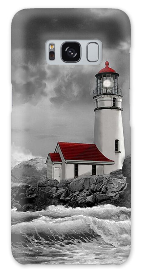Oregon Lighthouse Cape Blanco With Stormy Sea Galaxy Case featuring the painting Oregon lighthouse Cape Blanco in black white and red by Regina Femrite