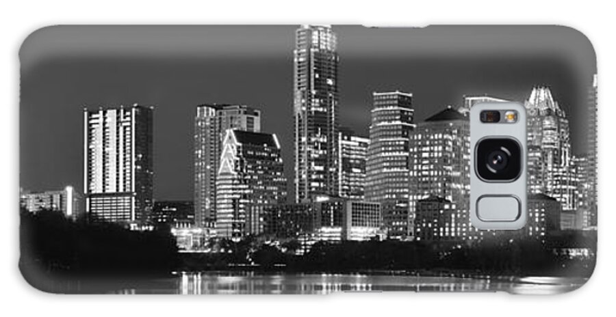 Austin Skyline Galaxy Case featuring the photograph Austin Skyline at Night Black and White BW Panorama Texas by Jon Holiday