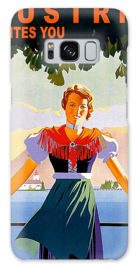 Austria Galaxy Case featuring the painting Austria, young woman in traditional dress invites you, Danube river by Long Shot