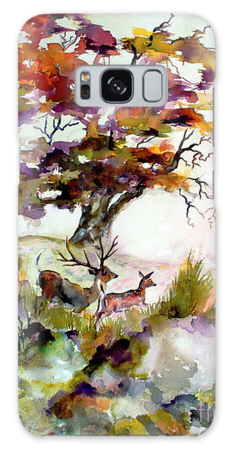 Oaks Tree Galaxy Case featuring the painting Autumn Oak and Deer Sunset by Ginette Callaway