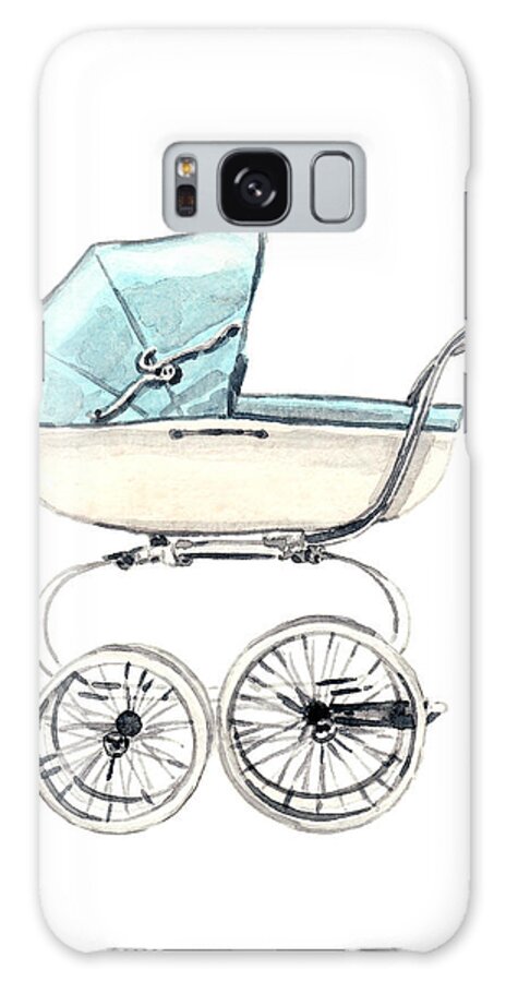 Baby Carriage Galaxy Case featuring the painting Baby Carriage in Blue - Vintage Pram English by Laura Row