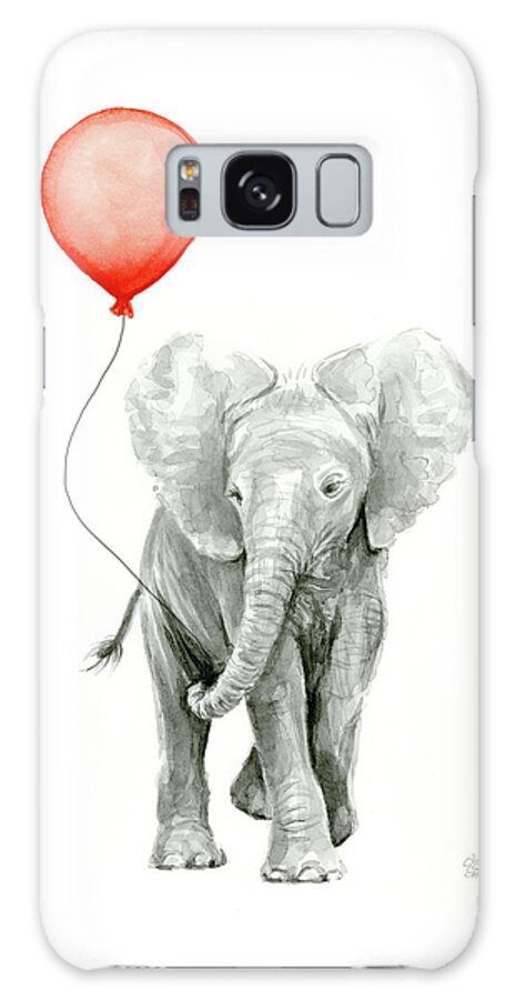 Elephant Galaxy Case featuring the painting Baby Elephant Watercolor Red Balloon by Olga Shvartsur