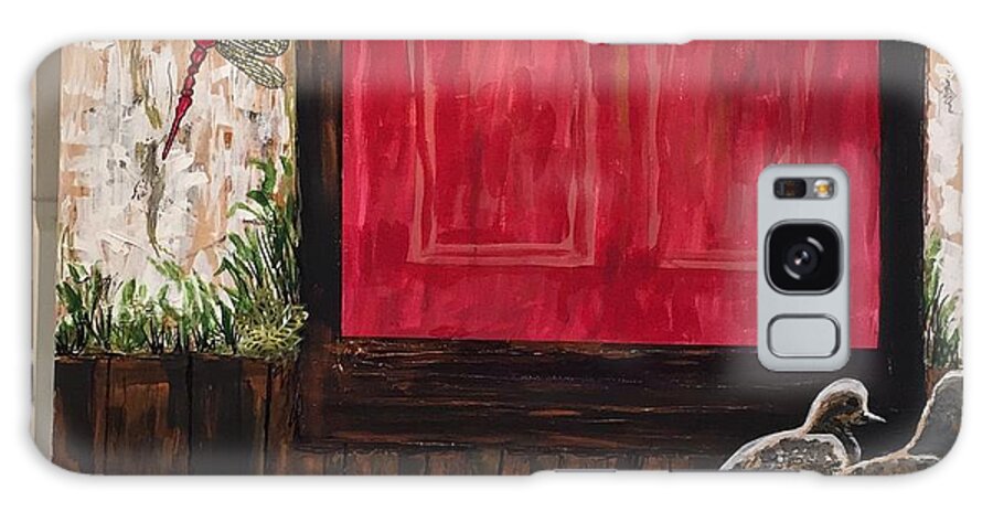 Red Galaxy Case featuring the painting Big Red Door with Two Chicks by Kenlynn Schroeder