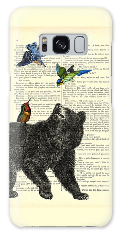 Bear Galaxy Case featuring the digital art Black bear with colorful tropical birds by Madame Memento