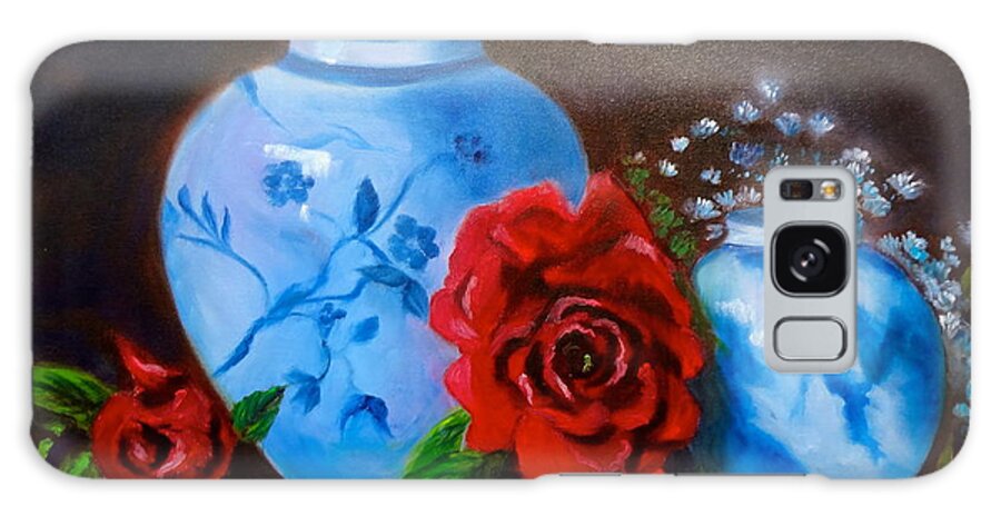 Blue & White Pottery Galaxy S8 Case featuring the painting Blue and White Pottery and Red Roses by Jenny Lee