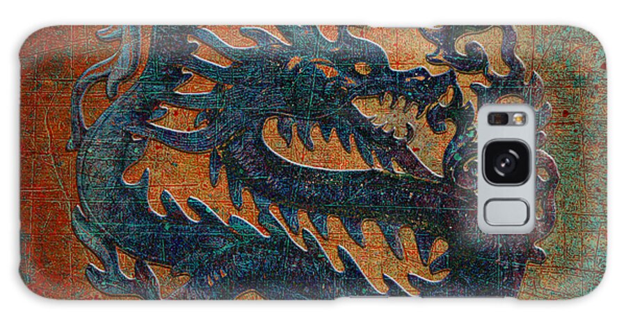 Chinese Galaxy Case featuring the digital art Blue Dragon Carving on a Red, Yellow and Green Background by Fred Bertheas