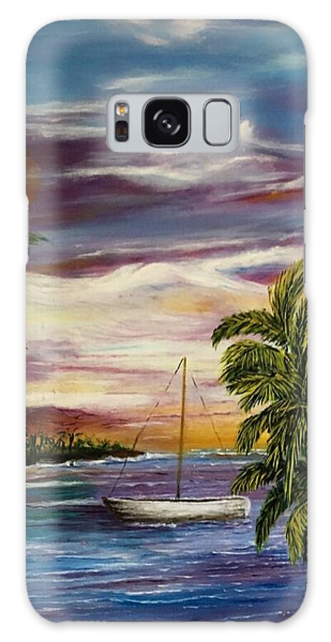 Blue Moon Galaxy Case featuring the painting Anchored at Sunset Lagoon by Michael Silbaugh