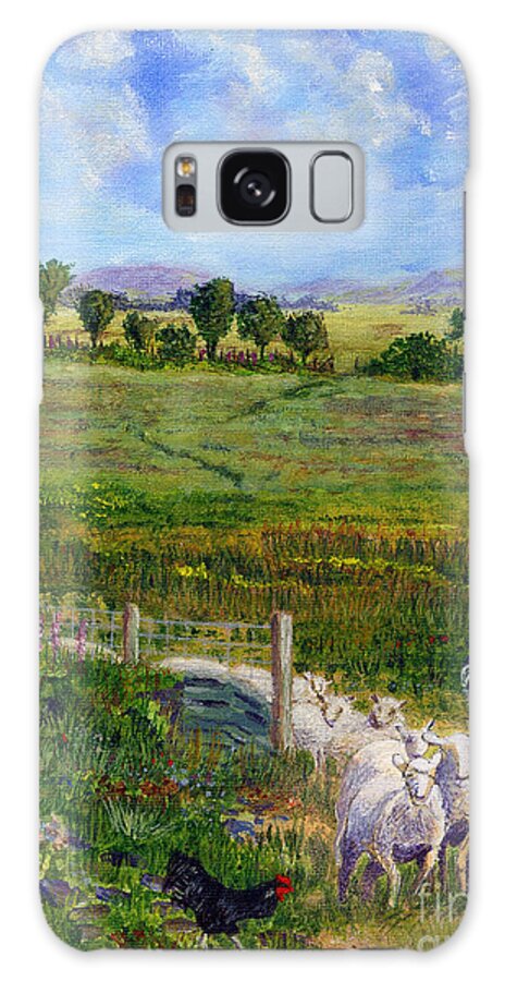 Border Collie Dogs Driving Sheep Through Welsh Farmland Gate Galaxy Case featuring the painting Border Collie Dogs Driving Sheep through Welsh Farmland Gate by Edward McNaught-Davis