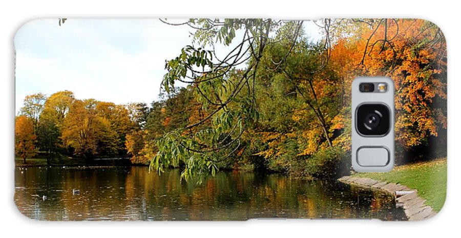 Pond Lake Trees Plant Plants Vegetation Reflection Outdoors Nature Landscape View Norway Scandinavia Europe Sky Autumn Fall Sky Orange Green Yellow Blue Grey White Beige Brown Galaxy Case featuring the digital art By the Pond by Jeanette Rode Dybdahl