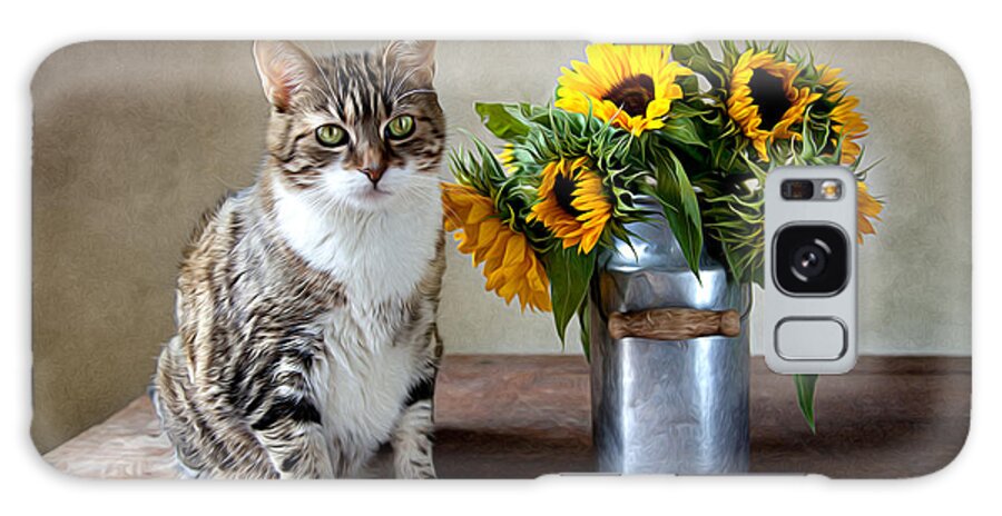 Cat Galaxy Case featuring the painting Cat and Sunflowers by Nailia Schwarz