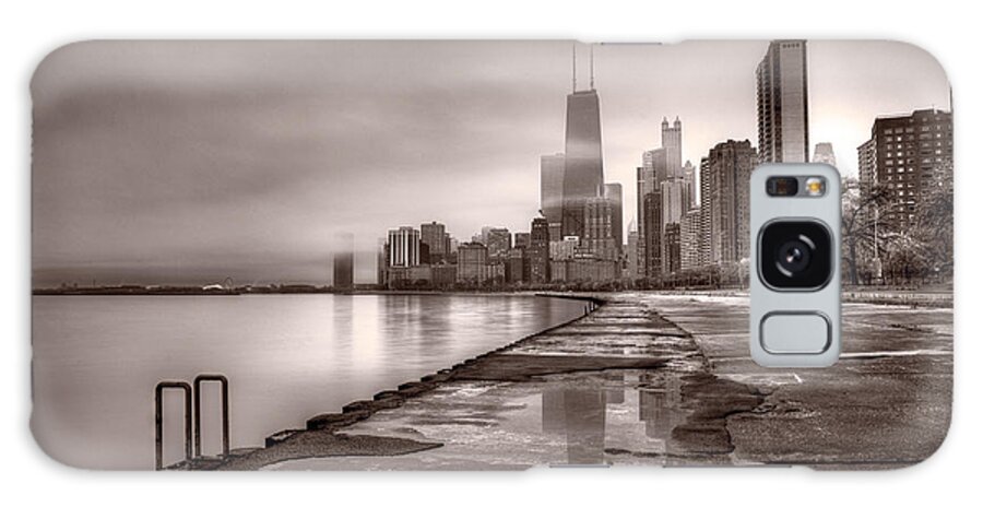 Chicago Galaxy Case featuring the photograph Chicago Foggy Lakefront BW by Steve Gadomski