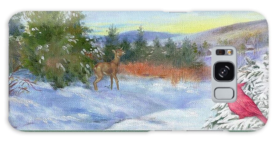 Snowscape Galaxy Case featuring the painting Classic Winterscape with cardinal and reindeer by Judith Cheng