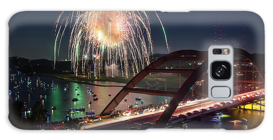 360 Bridge Galaxy Case featuring the photograph Colorful 4th of July fireworks explode over the 360 Bridge over by Dan Herron