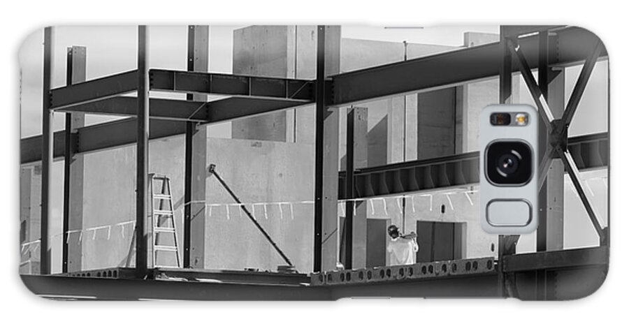 Construction Build Building Steel Iron Work Worker Workers Concrete Beam Beams Black White Monochrome Galaxy Case featuring the photograph Construction Zone 2158 by Ken DePue