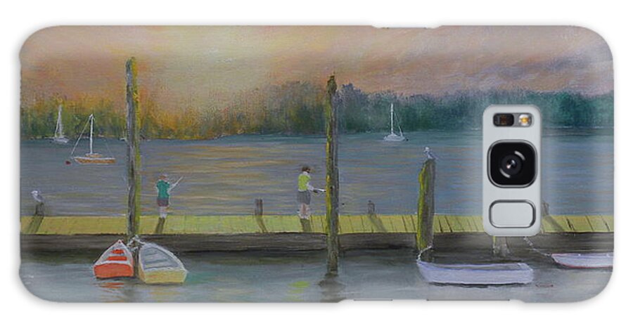 Sunrise Fishing Dock Landscape Sailboats Rowboats People Reflections Galaxy Case featuring the painting Contented Soles by Scott W White