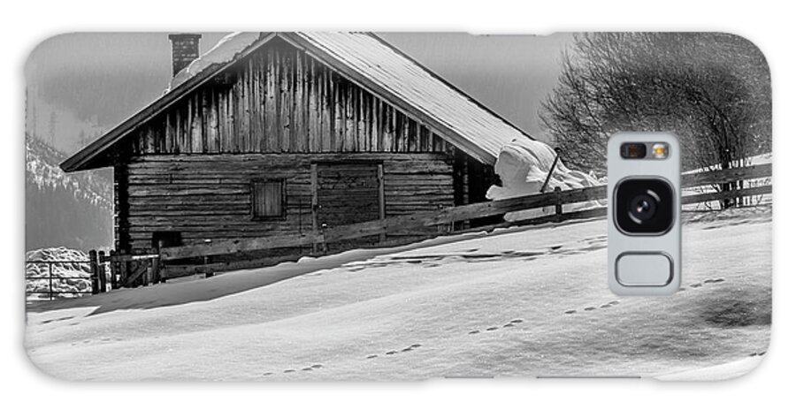 Black And White Photography Galaxy Case featuring the photograph Cottage in winter by Wolfgang Stocker