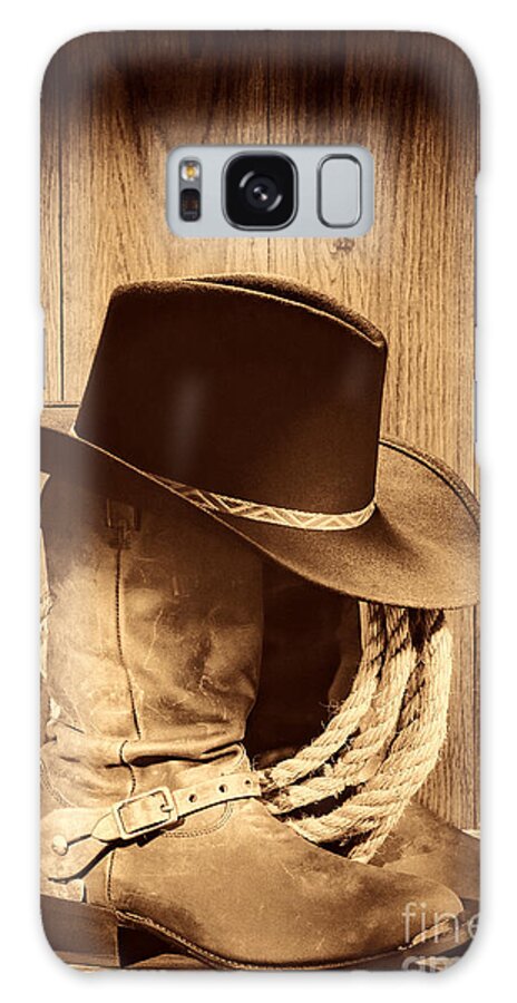 Antique Galaxy Case featuring the photograph Cowboy Hat on Boots by American West Legend By Olivier Le Queinec