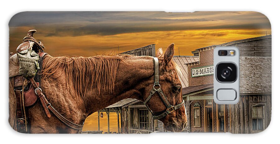 Saddle Galaxy Case featuring the photograph Cowboy Saddle Horse in front of the Marshall's Office by Randall Nyhof
