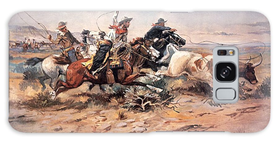Cowboys Galaxy Case featuring the painting Cowboys roping a steer by Charles Marion Russell