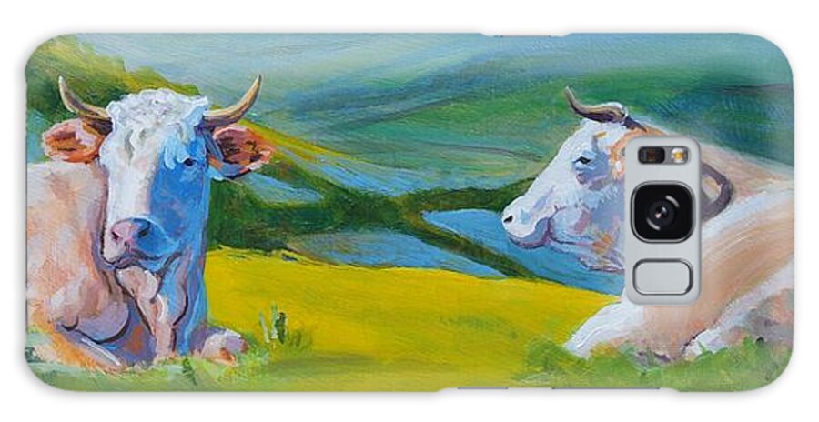 Cows Galaxy Case featuring the painting Cows Lying Down in Devon Hills by Mike Jory