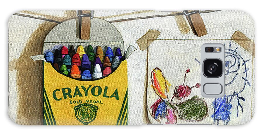 Crayons Galaxy Case featuring the painting Box of Crayons and Child's Drawing realistic still life painting by Linda Apple