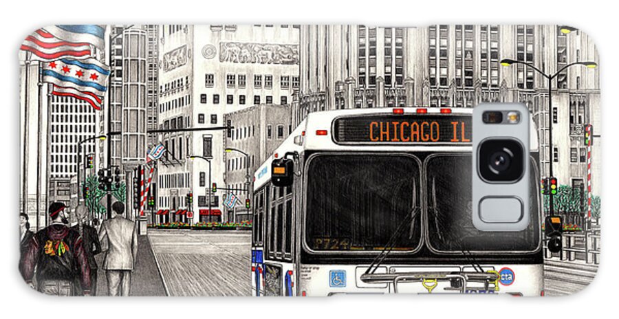 Cta Galaxy S8 Case featuring the drawing CTA bus on Michigan Avenue by Omoro Rahim