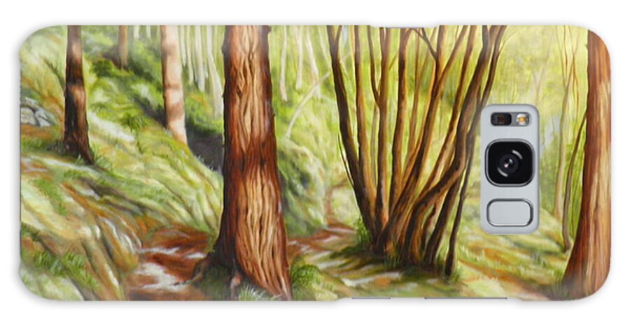 Trail Trees Maples Firs Cedar Moss Bushes Path Hillside Light Shadow Dirt Grasses Rocks Ferns Green Yellow Orange Brown Blue White Dark Bright Forest Nature Galaxy Case featuring the painting Danny's trail by Ida Eriksen