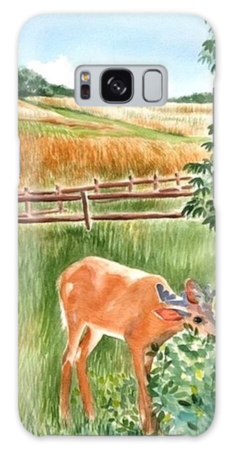 Deer Galaxy Case featuring the painting Deer eating Leaves by Judy Swerlick