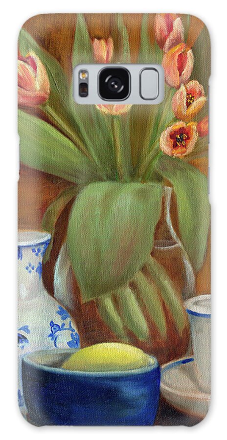 Still Life Galaxy S8 Case featuring the painting Delft Vase and Mini Tulips by Marlene Book