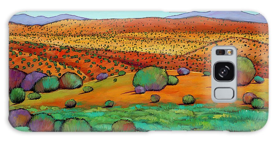 New Mexico Desert Landscape Southwestern Desert Cactus Sagebrush Cactus Vibrant Colors Blue Skies Clear Sky Western Santa Fe New Mexico Albuquerque Rocky Mountains Desert Taos Sage Contemporary Sangre De Cristo Modern Mountains Vibrant Bright Cheerful Juniper New Mexico Expressive Color Southwest Landscape Art Rocky Mountainsorange Yellowexpressiveartcontemporary Artmodernghost Ranchhigh Desert Art Colorful Art Puffy Clouds Rolling Hills Distant Desert Galaxy Case featuring the painting Desert Day by Johnathan Harris