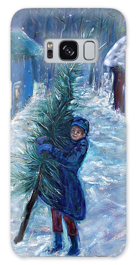 Katt Yanda Original Art Winter Snow Village Town Landscape Oil Painting Canvas Little Boy Holding Christmas Tree Galaxy Case featuring the painting Dickens Tale by Katt Yanda