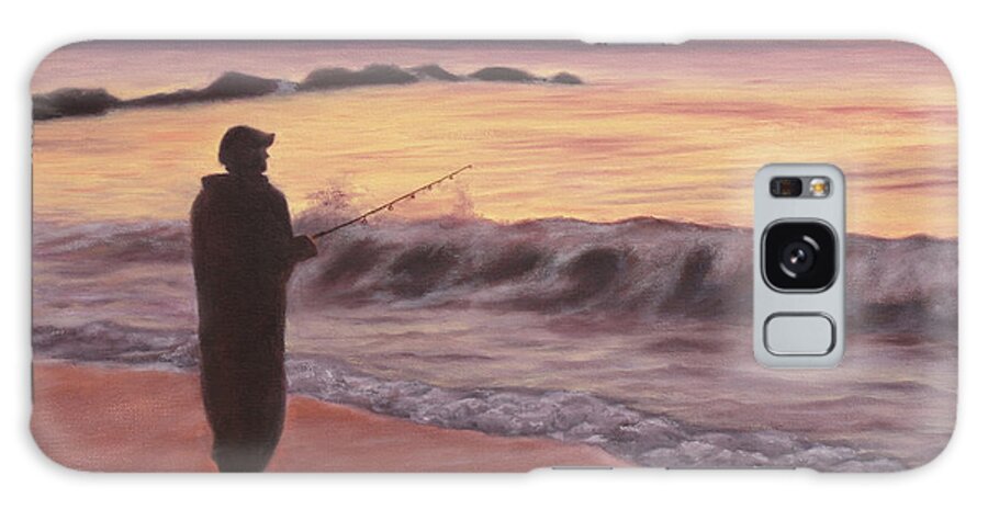Fishing; Fisherman; Ocean; Sunrise; Sand; Serenity; Contemplation; Water Galaxy Case featuring the painting Early Morning Solace by Marg Wolf
