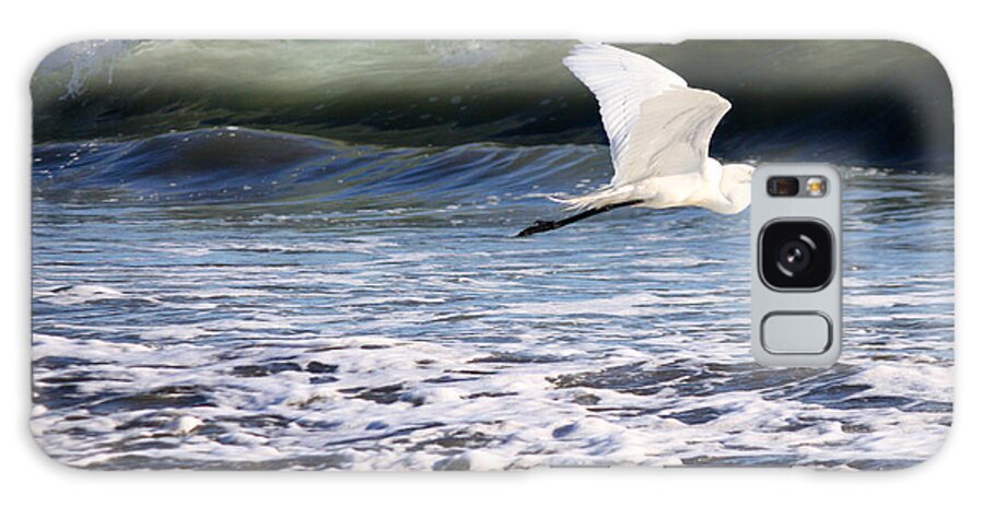 Egret Galaxy Case featuring the photograph Egret In Flight Over Surf by Alison Salome
