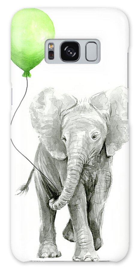 Elephant Galaxy Case featuring the painting Elephant Watercolor Green Balloon Kids Room Art by Olga Shvartsur