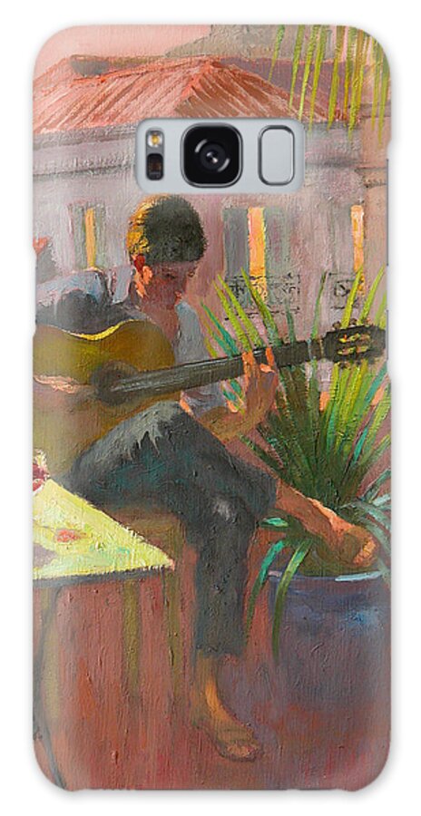Playing; Acoustic; Guitar; Legs; Crossed; Table; Balcony; Terrace; Summer; Holiday; Vacation; Roof; Music; Playing Guitar; Table; Glass; Pot; Pots; Plant; Plants; Rooftop; Rooftops; Evening; Window; Windows Galaxy Case featuring the painting Evening Rooftop by William Ireland 