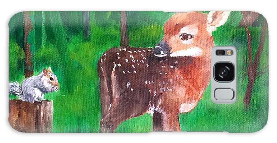 Fawn Galaxy S8 Case featuring the painting Fawn with squirrel by Ellen Canfield