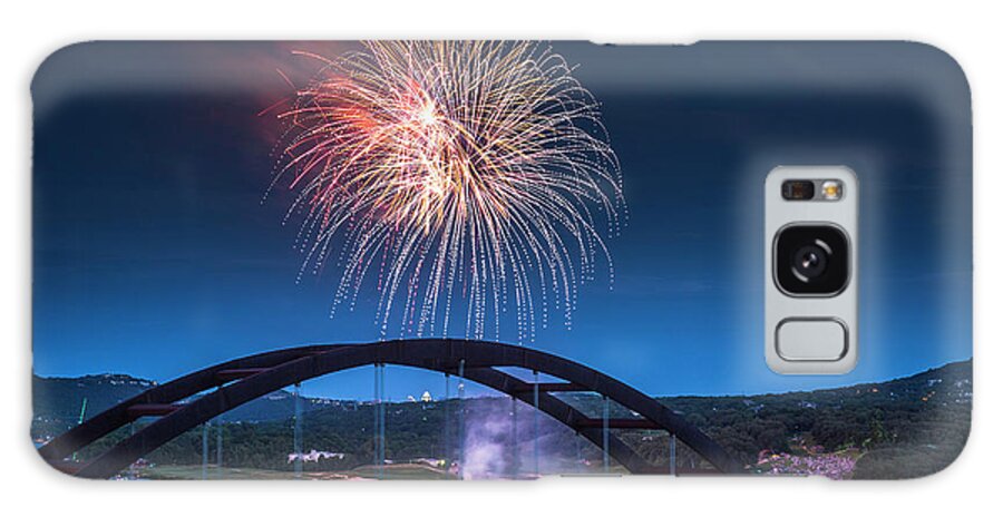 360 Bridge Galaxy Case featuring the photograph Fireworks light the night sky over the 360 Bridge on Lake Austin by Dan Herron