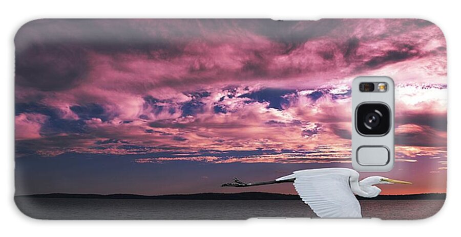 Egret Galaxy Case featuring the photograph Flying Egret in Sea Sunset Original Exclusive Photo Art. by Geoff Childs