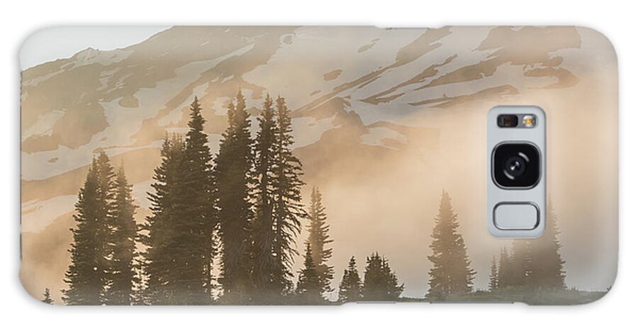 Adventure Galaxy Case featuring the photograph Foggy Sunset Over Pines by Kelly VanDellen