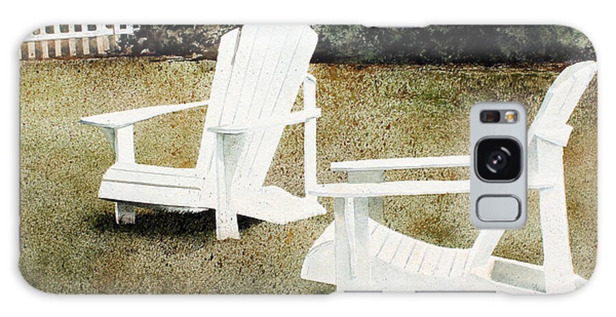 Two White Adirondack Chairs On A Front Lawn With Hedge And A Picket Fence In The Background. Galaxy Case featuring the painting Forest Lawn by Monte Toon
