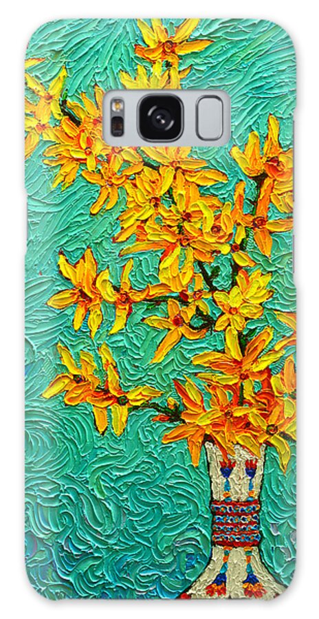 Spring Galaxy S8 Case featuring the painting Forsythia Vibration Modern Impressionist Flower Art Palette Knife Oil Painting By Ana Maria Edulescu by Ana Maria Edulescu