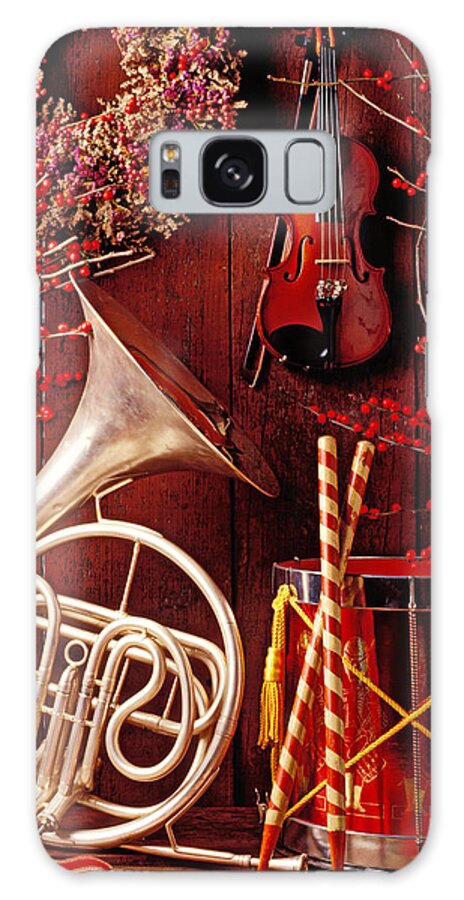 Violin Galaxy Case featuring the photograph French horn Christmas still life by Garry Gay