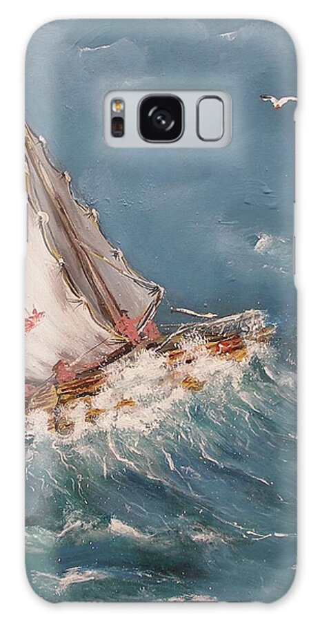 Fun Time Sailing Wave Water Ocean Ship Seagulls Tide Impression Emotion Scare Danger Flag Clouds Evening Sail Boat Print Acrylic On Canvas Painting Blue White Sailors Galaxy Case featuring the painting Fun Time by Miroslaw Chelchowski