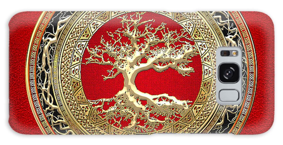 Treasure Trove By By Serge Averbukh Galaxy Case featuring the photograph Gold Celtic Tree Of Life On Red by Serge Averbukh