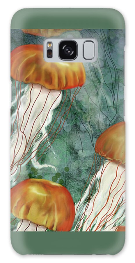 Jellyfish Galaxy Case featuring the digital art Golden Jellyfish in Green Sea by Sand And Chi